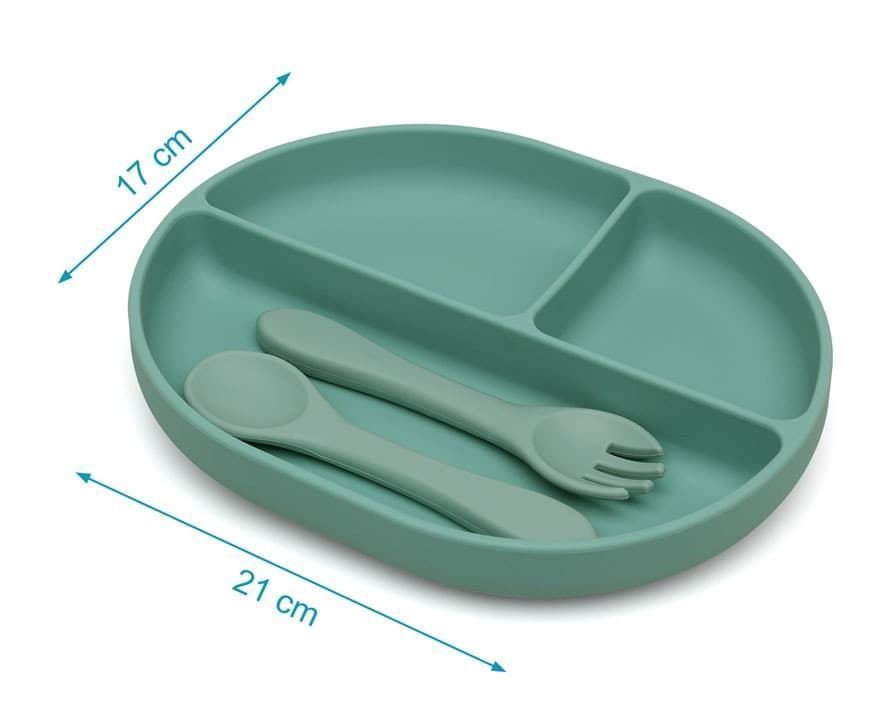 Plato con compartimentos + cubiertos de silicona verde salvia - Imagen 2