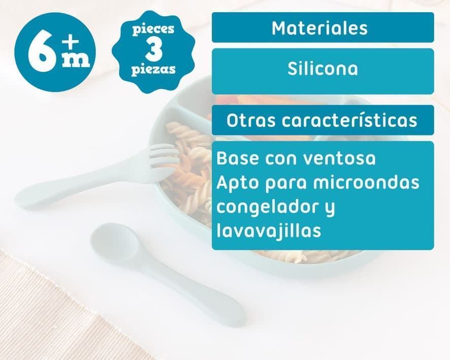 Plato con compartimentos + cubiertos de silicona verde salvia - Imagen 4