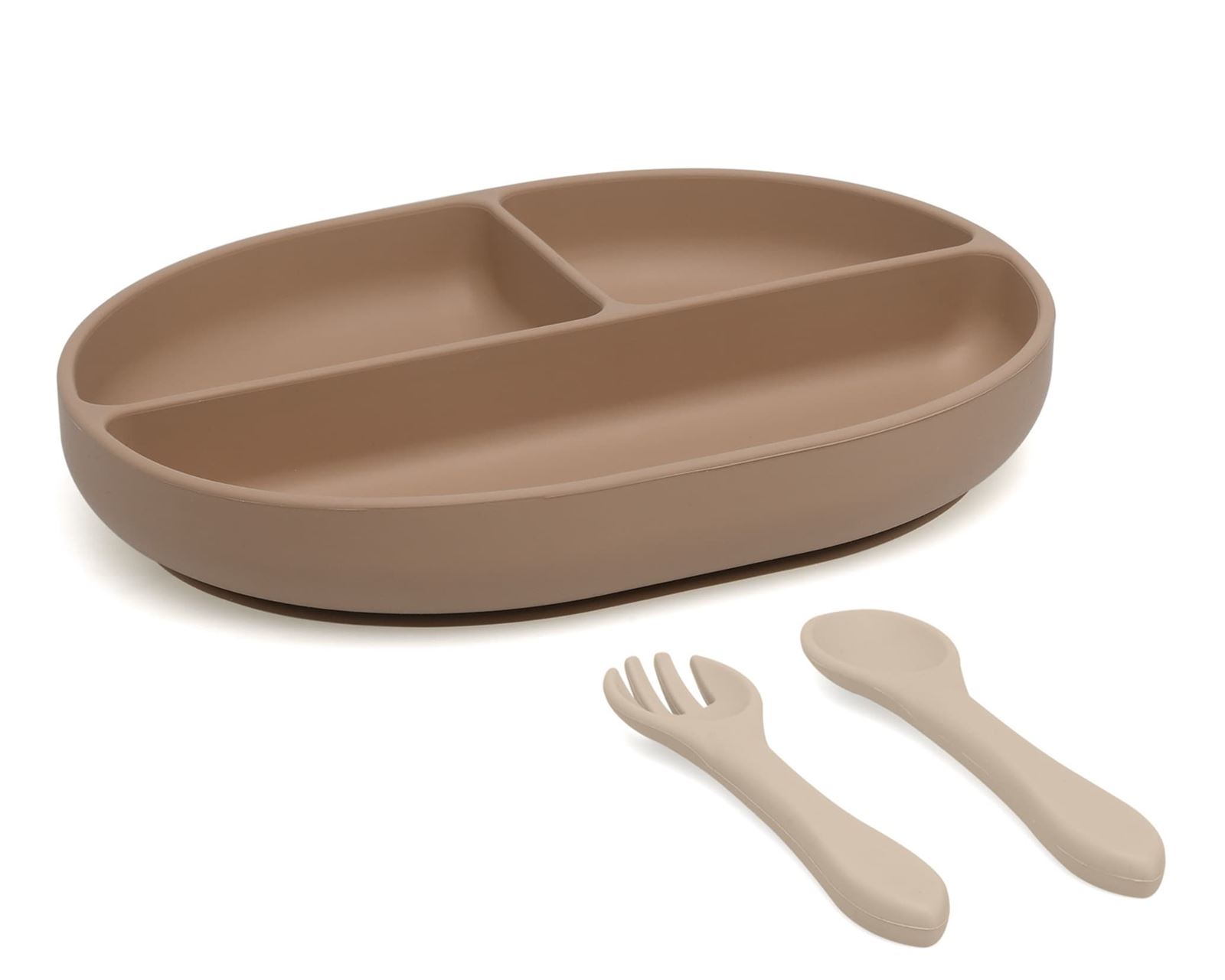 Set de cubiertos y bandeja BLW en silicona con divisiones y ventosa Beige Kiokids - Imagen 1